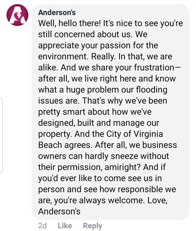 Anderson's reply to concerns posted on Facebook.